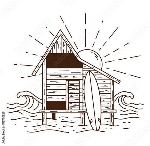 Beachside surf shack illustration depicting sun rising above ocean waves and surfboard
