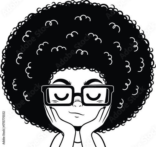 Print
A serene black and white portrait of a woman with a large afro hairstyle and glasses, relaxing with her chin in her hands.