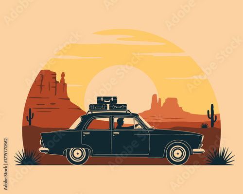Desert Road Trip Vintage Car Adventure at Sunset