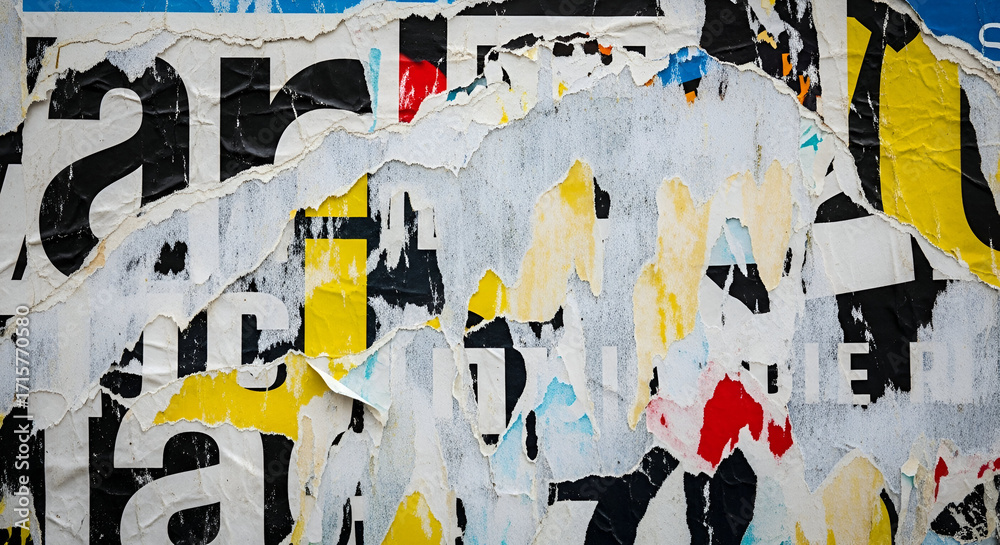Fototapeta premium Torn posters on a wall creating abstract patterns.