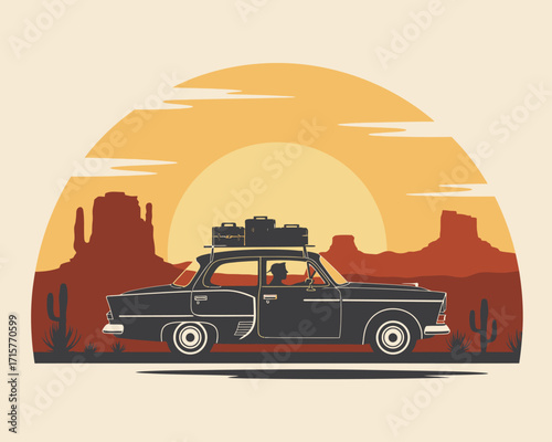 Desert Road Trip Classic Car Adventure at Sunset
