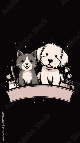 A charming cartoon cat and dog share a joyful moment together. They are surrounded by stars, with playful features and a warm atmosphere.