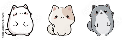 Three adorable cartoon cats display their unique features. The first cat is white, the second is cream with patches, and the third is gray. They have cheerful faces.