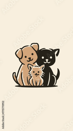 A warm depiction of two dogs and one cat sitting together, capturing the essence of companionship and joy. Their playful expressions highlight a loving bond.