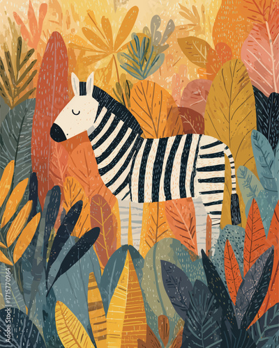 A striped zebra calmly stands amidst an array of colorful leaves and plants in a forest. The bright background and rich colors create a lively atmosphere.