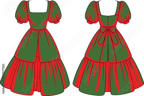 Red and green elegant gown with a square neckline, puffed sleeves, and a tiered skirt. A CAD drawing flat vector illustration.
