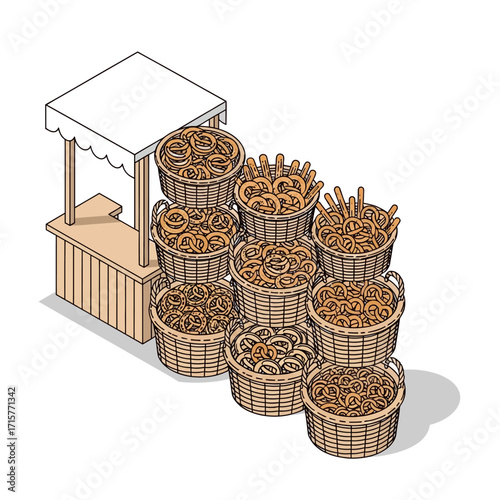Isometric pretzel stand with baskets of pretzels and breadsticks.