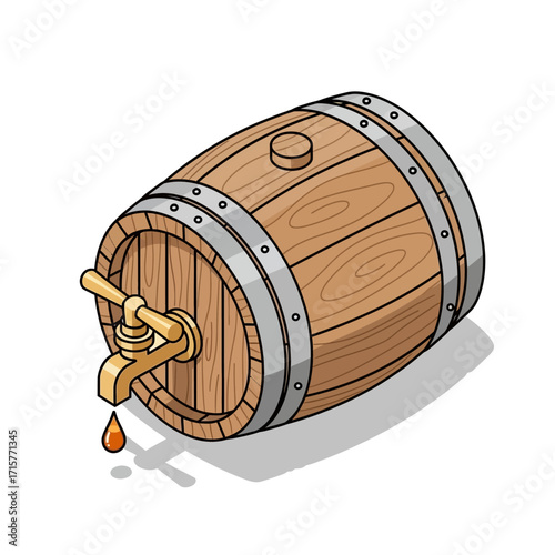 Isometric illustration of a wooden barrel with a tap, showing a drop of liquid pouring out.