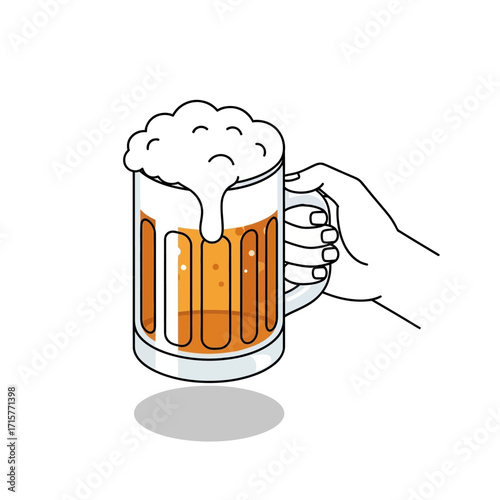Isometric illustration of a hand holding a large beer mug with overflowing foam.