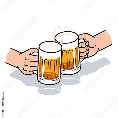 Two hands clinking beer mugs together in a celebratory toast, cartoon illustration with foam and bubbles.