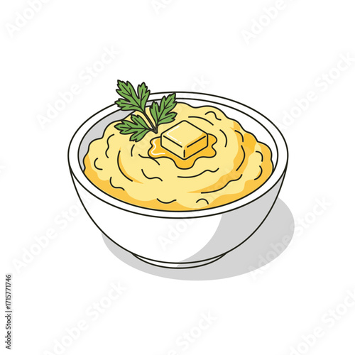 A white bowl filled with creamy mashed potatoes, topped with butter and parsley.