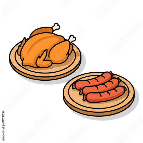 An illustration of a whole roasted chicken and grilled sausages served on separate wooden platters.