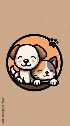 A playful cartoon dog sits next to a cheerful cat, both looking friendly and happy. They are surrounded by a soft background that enhances their cute features.