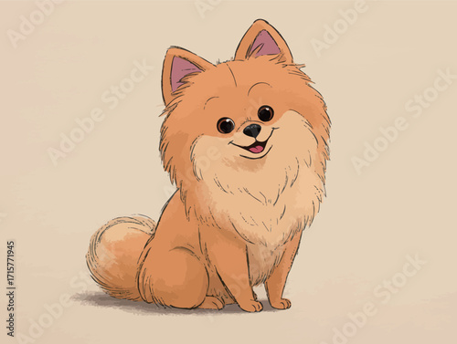 A fluffy pomeranian dog sits with a bright smile, showcasing its lively personality. The dog has a soft orange coat and adorable features, exuding warmth and joy.