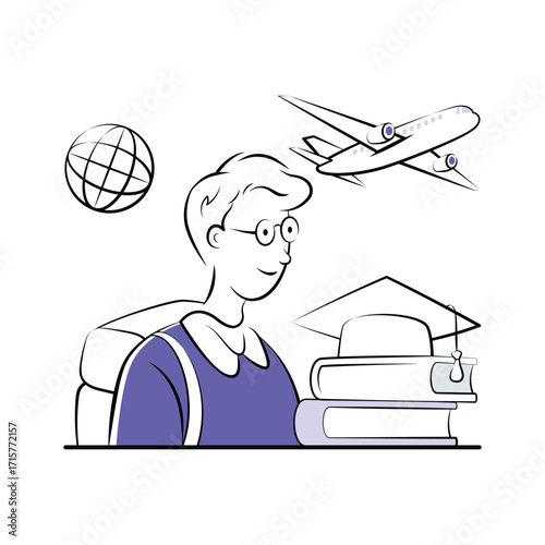 Student with globe and graduation hat planning study abroad, modern illustration