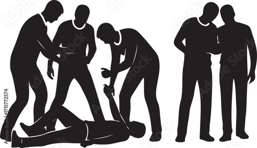 Violence and Conflict Silhouette Vector Set – Black and White Illustration of Fighting, Bullying, Aggressive Confrontation and Crowd Disagreement, Representing Social Issues, Crime, Anger