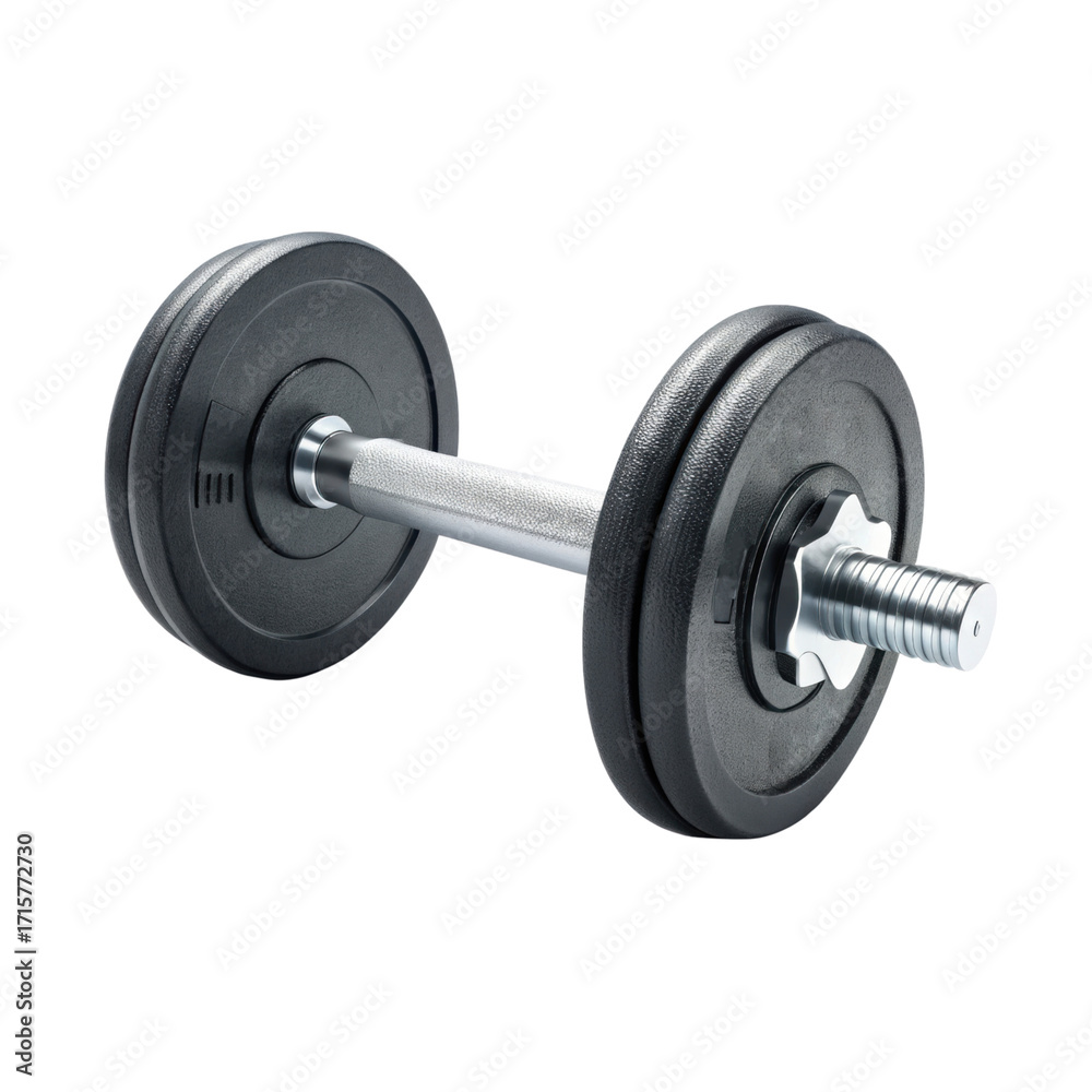 Naklejka premium Adjustable Dumbbell with Black Plates and Silver Handle on Transparent Background for Fitness and Exercise Concepts