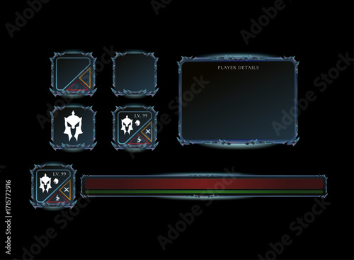 Fantasy Gothic RPG Character Profile Bar and Meter Pack — Glossy Blue Board and Panel UI Elements for Adventure Game Design