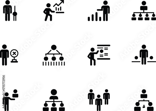 Set of 15 black business and management icons featuring organization charts, team leadership, presentations, employee roles, and business strategy symbols.