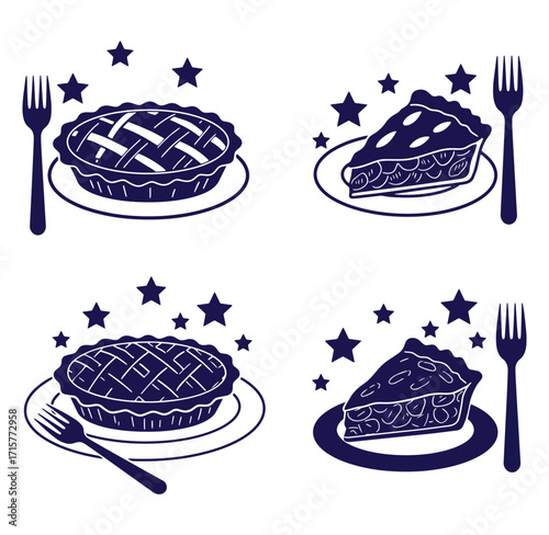 Delicious apple pie and slice with forks and stars illustrating tasty dessert options