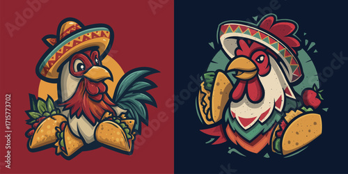 Two cartoon roosters wear traditional hats and are surrounded by tacos and festive colors, capturing a lively celebration of food and culture.