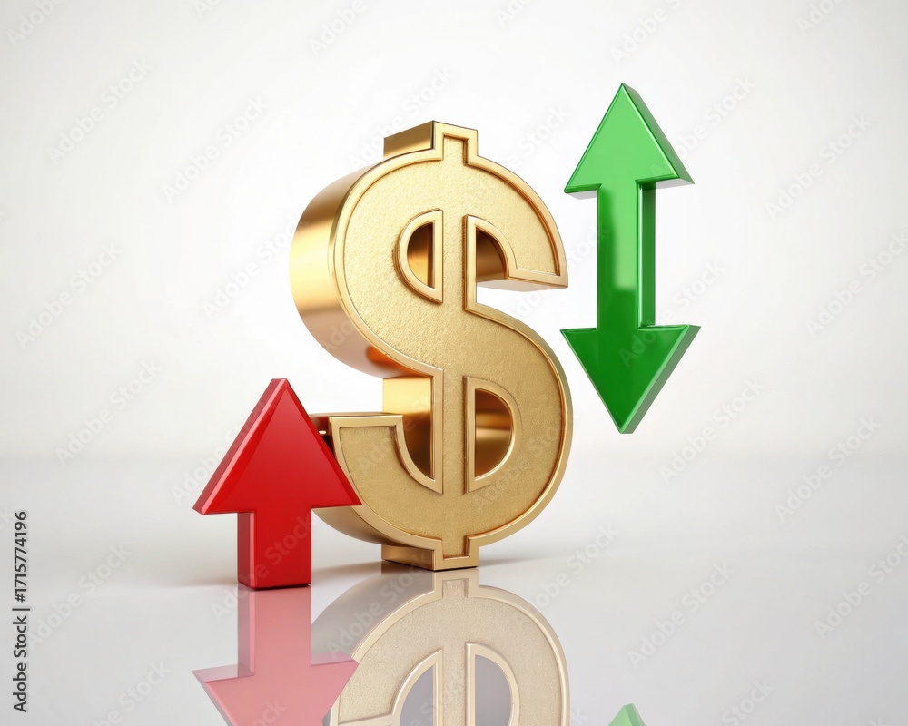 Obraz premium Golden Dollar Sign with Up and Down Arrows A Symbol of Financial Fluctuation and Market Trends on a Clean White Background
