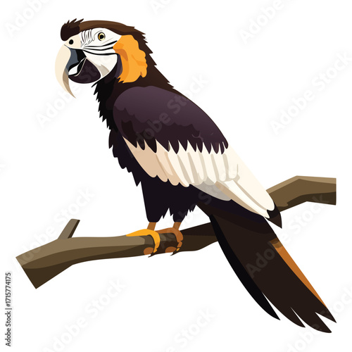 Illustration of a colorful parrot perched on a branch, showcasing its vibrant plumage and distinctive features.