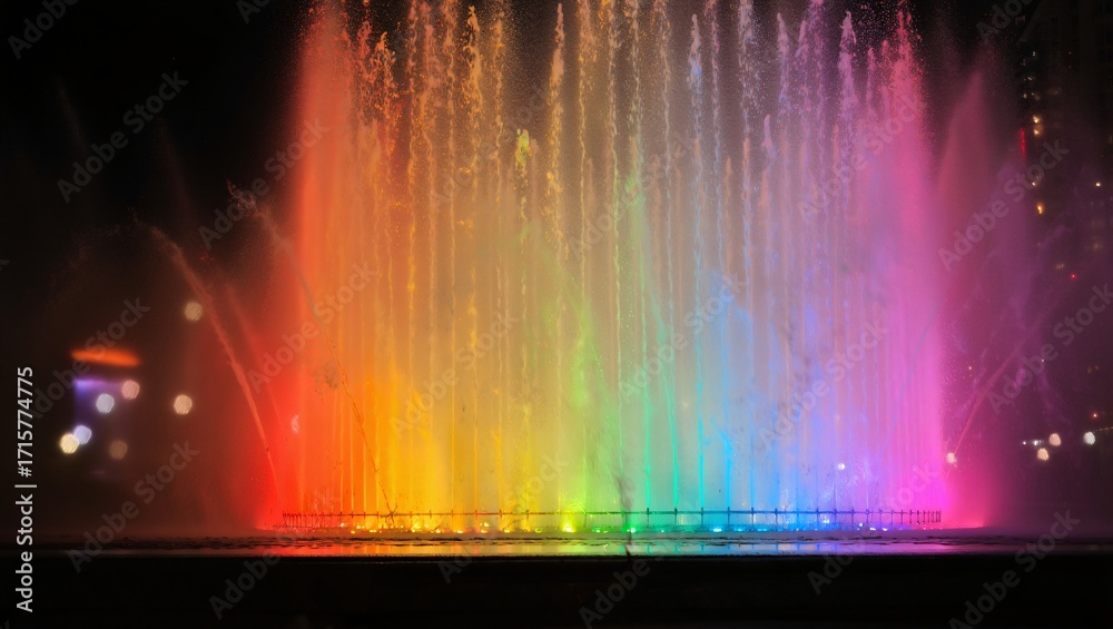 Obraz premium Vibrant rainbow colored water fountain display at night