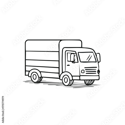 Illustration of a delivery truck with a boxy cargo area, in black and white.