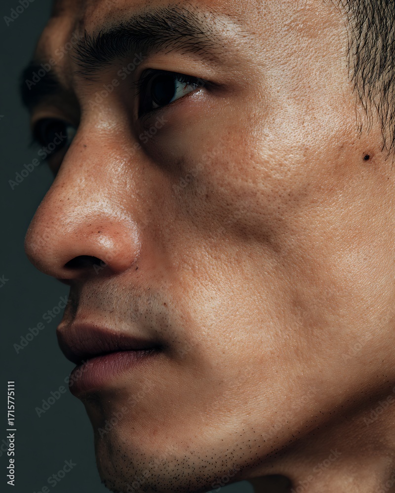 Obraz premium profile portrait Asian man 30s, visible under-eye dark circles, tired look,
