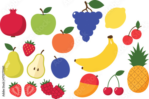Set of fresh and healthy fruits, pomegranate, apple, pear, grape, lemon, berries, banana, pineapple, hand-drawn vector illustration