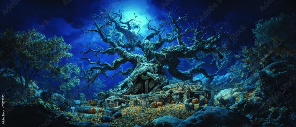 Fototapeta premium Mystical Ancient Tree Surrounded by Forests and Mystical Night Sky with Twinkling Stars for Fantasy and Nature Theme