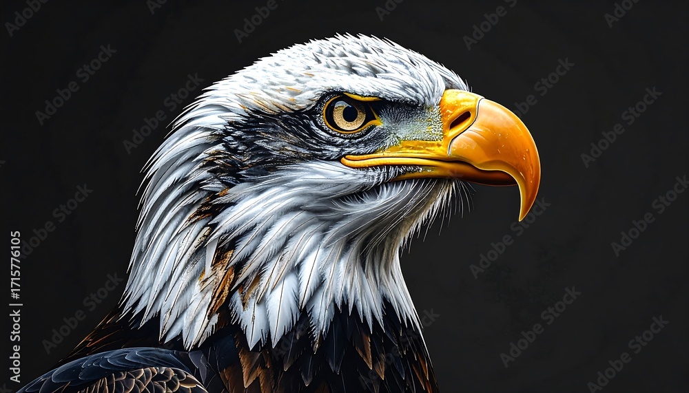 Obraz premium A close-up portrait of a majestic bald eagle, showcasing intricate detail in its plumage and sharp focus on its intense gaze.