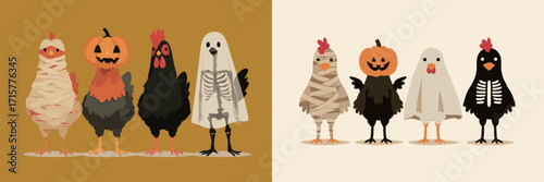 Five cartoon chickens are dressed in various Halloween costumes, including a mummy, a skeleton, and a pumpkin, celebrating the festive season together.