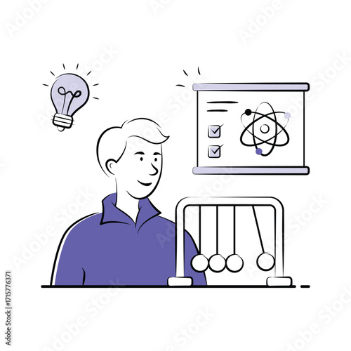 Student conducting physics experiment with pendulum setup, premium hand drawn illustration