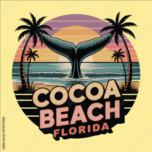Tropical sunset beach illustration with whale tail, palm trees, and ocean waves in retro vintage style travel vacation design