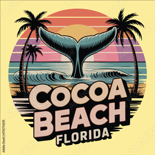Tropical sunset beach illustration with whale tail, palm trees, and ocean waves in retro vintage style travel vacation design