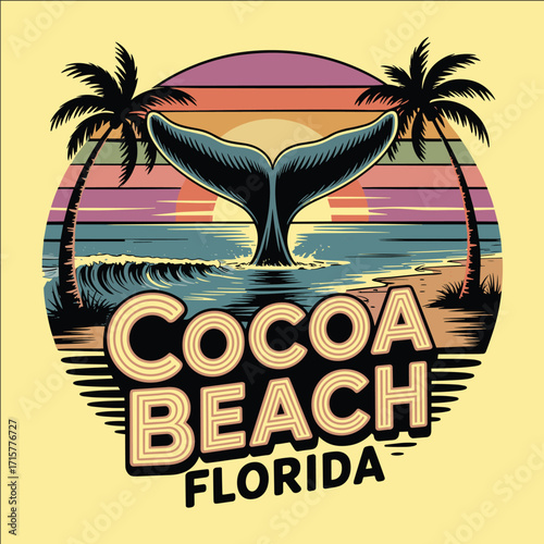 Tropical sunset beach illustration with whale tail, palm trees, and ocean waves in retro vintage style travel vacation design
