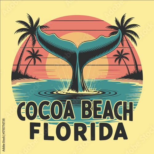 Tropical sunset beach illustration with whale tail, palm trees, and ocean waves in retro vintage style travel vacation design