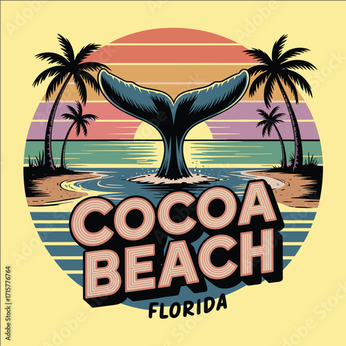 Tropical sunset beach illustration with whale tail, palm trees, and ocean waves in retro vintage style travel vacation design