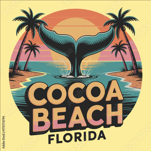 Tropical sunset beach illustration with whale tail, palm trees, and ocean waves in retro vintage style travel vacation design