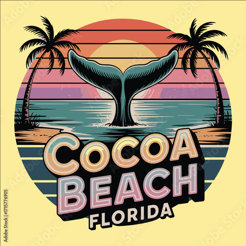 Tropical sunset beach illustration with whale tail, palm trees, and ocean waves in retro vintage style travel vacation design