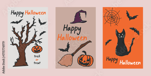 Happy Halloween Poster Set With Witch Hat, Broom, Pumpkin, Cat, Bats, and Spider Webs. A trio of playful Halloween posters featuring a witch hat and broom, a carved pumpkin, a spooky cat, bats
