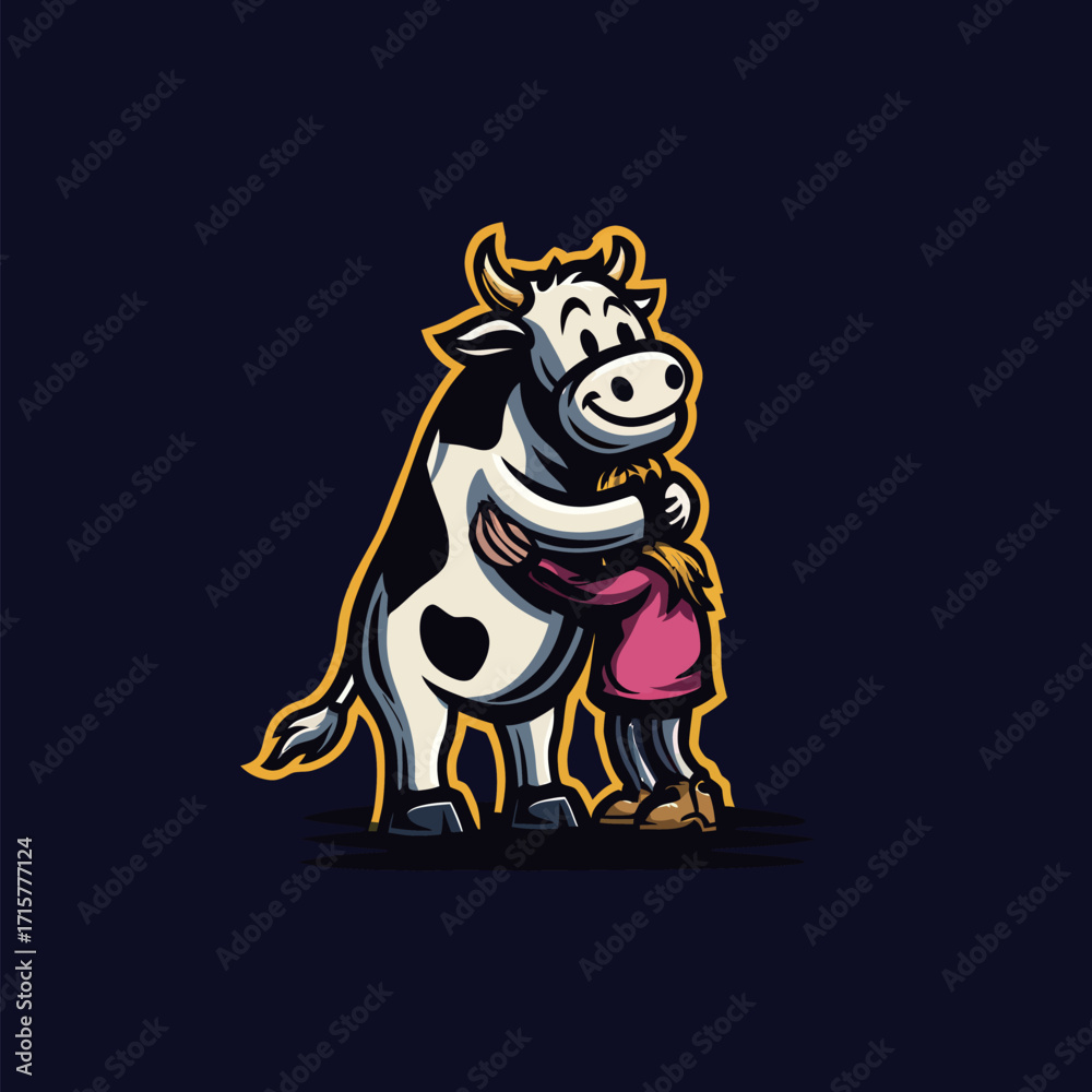 Naklejka premium A friendly cartoon cow stands proudly while a girl hugs it warmly. The characters are brightly colored against a dark background, creating a joyful scene.