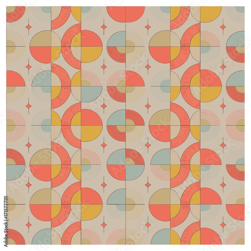 a seamless vector tile of full, quartered and concentric circles with radiating fan segments, thin outline diamonds and subtle halftone grain on a warm beige ground; layered color flats.
