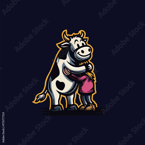 A friendly cartoon cow stands proudly while a girl hugs it warmly. The characters are brightly colored against a dark background, creating a joyful scene.