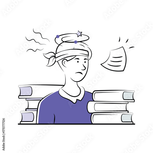 Student feeling tired and stressed with study workload, modern hand drawn illustration