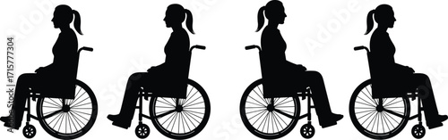 Wheelchair user silhouette set, black and white illustration, accessibility icon, mobility aid graphic, inclusive design element pack