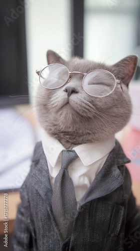 Business Cat in Professional Suit Anthropomorphic Workplace Character, Office Animal Cartoon Illustration for Corporate Design Projects

