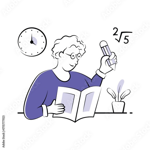 A hand drawn illustration of a student writing homework and solving academic assignments.